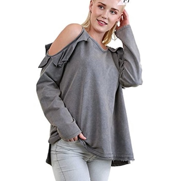 Umgee Women's Ruffled Open Shoulder Long Sleeve Tunic Top - Picture 2 of 13